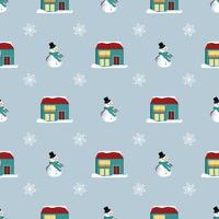 padrão sem emenda com casas festivas de Natal e boneco de neve sobre fundo azul. impressão brilhante para o ano novo e férias de inverno para papel de embrulho, têxteis e design. vetor