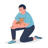 homem abraçando o personagem de vetor de cor semi plana de cachorro. figura sentada. pessoa de corpo inteiro em branco. ilustração de estilo cartoon moderno isolado para adoção de animal de estimação para design gráfico e animação