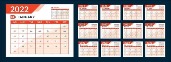 modelo de calendário mensal para 2022 anos. semana começa no domingo. calendário de parede vetor