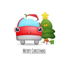 carro vermelho fofo com chapéu de Papai Noel para ilustração de feliz natal definir vetor premium