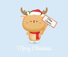 rena de natal fofa segurando cartaz para ilustração premium de feliz natal vetor
