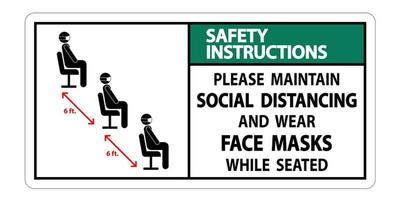 as instruções de segurança mantêm o distanciamento social, use máscaras faciais sinal no fundo branco vetor