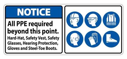 observe que o ppe é necessário além deste ponto. capacete, colete de segurança, óculos de segurança, proteção auditiva vetor