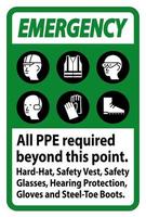 ppe de emergência necessário além deste ponto. capacete, colete de segurança, óculos de segurança, proteção auditiva vetor