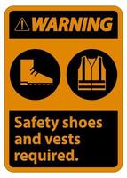sinal de aviso, sapatos de segurança e colete necessários com símbolos de ppe em fundo branco, ilustração vetorial vetor