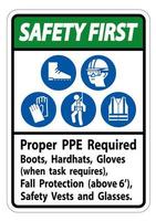 segurança primeiro sinalizar botas, capacetes e luvas adequadas para proteção contra quedas com símbolos de proteção contra queda vetor