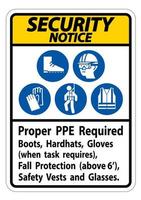 aviso de segurança assinar botas, capacetes e luvas adequadas para proteção contra quedas com símbolos de proteção contra queda vetor