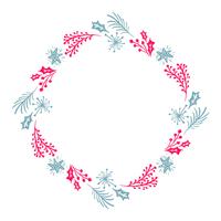 A grinalda tirada mão do Natal vermelha e os elementos florais azuis do inverno do projeto isolados no fundo branco para o projeto retro florescem. Caligrafia de vetor e lettering ilustração