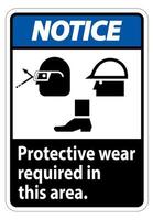 aviso sinal de desgaste de proteção é necessário nesta área. com símbolos de óculos de proteção, capacete e botas em fundo branco vetor