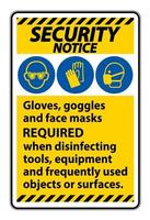 Luvas de aviso de segurança, óculos e máscaras faciais são obrigados a assinar no fundo branco, ilustração vetorial eps.10 vetor