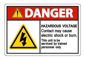 perigo perigoso contato de tensão pode causar choque elétrico ou sinal de queimadura no fundo branco vetor