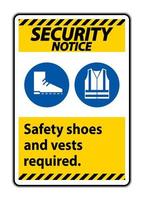 Sinal de aviso de segurança, sapatos e colete de segurança necessários com símbolos de ppe em fundo branco vetor