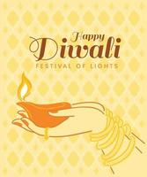 as mãos seguram o diya de luz para o papel de parede do festival de diwali. vetor