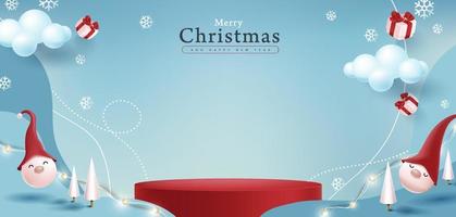 banner de feliz natal com exibição de produto em formato cilíndrico e decoração festiva vetor