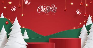 banner de feliz natal com exibição de produto em formato cilíndrico e decoração festiva vetor