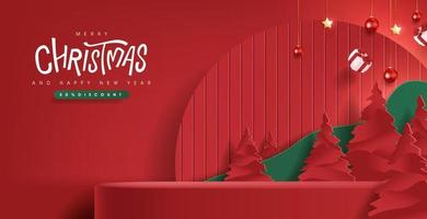 banner de feliz natal com exposição de produto e decoração festiva com fundo vermelho vetor