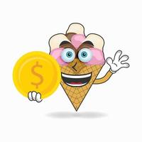 personagem do mascote do sorvete segurando moedas. ilustração vetorial vetor