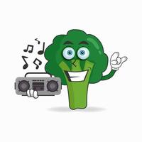 personagem mascote de brócolis segurando um rádio. ilustração vetorial vetor