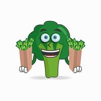 personagem do mascote de brócolis segurando dinheiro. ilustração vetorial vetor