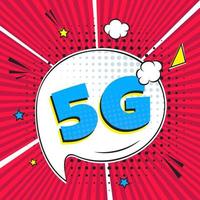 5g novo wireless internet wi-fi conexão estilo cômico discurso bolha texto de exclamação 5g estilo plano design ilustração em vetor isolada no fundo de raios. novo ícone de sinal de 5g de internet móvel no balão.