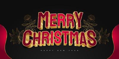 banner ou pôster de feliz natal e ano novo com texto 3D em vermelho e dourado e ilustração floral elegante vetor