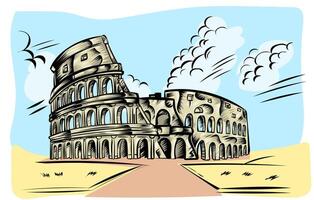 Roma Coliseu mão desenhado em céu fundo ícone. vetor ilustração