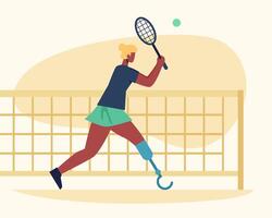 jovem desportivo fêmea com protético perna jogando tênis vetor