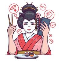 gueixa personagem mostrar inscrição para Entrega do rolos e Sushi em dispositivos vetor