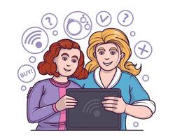 feliz pessoas escolher para fazer compras através apps e conectados local na rede Internet em dispositivos. conectados compras conceito vetor