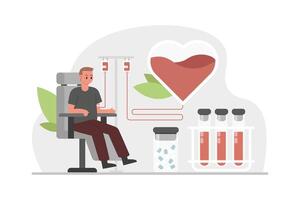 sangue armazenar, médico banco para Salve  pessoas vidas. masculino sentado em cadeira em sangue transfusão vetor