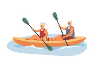 dois idosos casais acionado dentro remo e canoagem. feliz e moderno aposentados tendo Diversão vetor