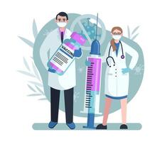 fêmea e masculino médicos em pé perto grande seringa e jarra com vacina vetor