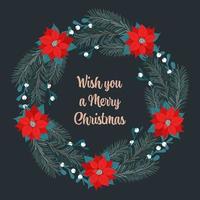 guirlanda de Natal com galho de pinheiro, Poinsétia, visco e desejo um texto de feliz Natal. ilustração vetorial, modelo para cartão de felicitações vetor