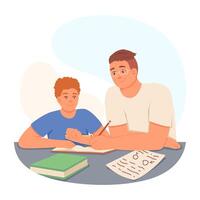 jovem pai sentado perto filho, ajudando para escrever dentro caderno, Faz dever de casa vetor
