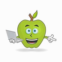 personagem do mascote da apple com o laptop na mão direita. ilustração vetorial vetor