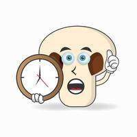 personagem de mascote de cogumelos segurando um relógio de parede. ilustração vetorial vetor