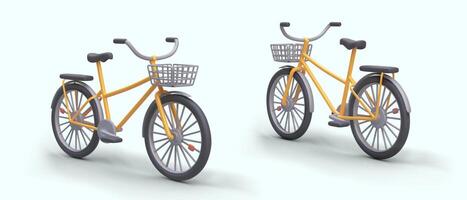 cidade bicicletas com compras cestas. 3d imagem do moderno pessoal veículo vetor