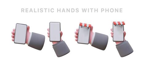 realista masculino mãos segurando Smartphone. conjunto do 3d ícones para rede anúncio, social redes vetor