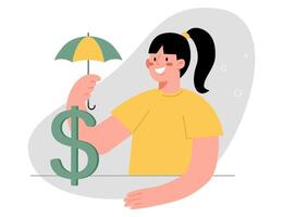 mulher segurando guarda-chuva sobre dólar vetor