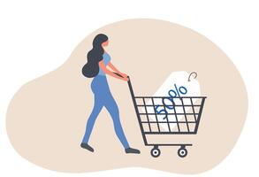 conectados compras venda 50. por cento desconto, comércio eletrônico, mulher com compras cartão vecto ilustração vetor