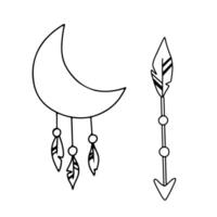 conjunto étnico Setas; flechas com pena e lua. mão desenhado vetor boho linha ilustrações