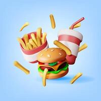 3d copo do Cola com fritas e Hamburguer de queijo vetor