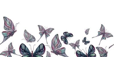 mão desenhado aguarela ilustração borboleta fada asas gema cristal inseto mariposa. ametista esmeralda fluorita Moonstone. desatado fronteira isolado branco fundo. Projeto imprimir, comprar, casamento, aniversário vetor