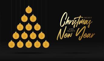 cartão de felicitações de Natal e ano novo. árvore de natal criativa feita por bolas de bitcoin de dinheiro brilhante em fundo preto para ilustração vetorial de Natal e ano novo vetor