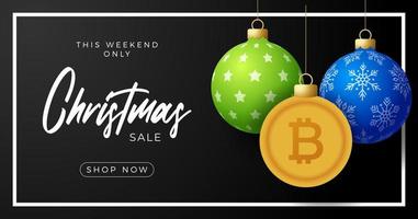 banner de símbolo de bitcoin ouro feliz Natal. sinal de bitcoin como cartão de saudação de suspensão de bola de bugiganga de Natal. imagem vetorial para o natal, finanças, dia de ano novo, banco, dinheiro vetor