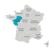 vetor isolado ilustração do simplificado administrativo mapa do França. azul forma do paga de la Loire. fronteiras do a províncias, regiões. cinzento silhuetas. branco contorno.