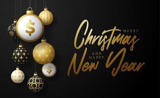 banner de símbolo de dólar de ouro de feliz Natal. cifrão como cartão de suspensão de bola de bugiganga de Natal. imagem vetorial para o natal, finanças, dia de ano novo, banco, dinheiro vetor