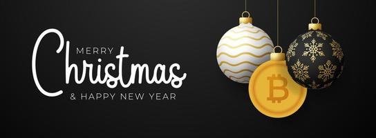 banner de símbolo de bitcoin ouro feliz Natal. sinal de bitcoin como cartão de saudação de suspensão de bola de bugiganga de Natal. imagem vetorial para o natal, finanças, dia de ano novo, banco, dinheiro vetor