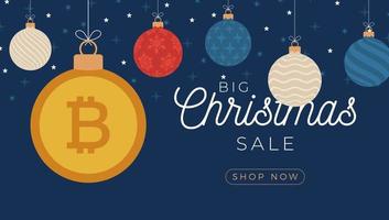 banner de símbolo de bitcoin de feliz Natal. sinal de bitcoin como cartão de saudação de suspensão de bola de bugiganga de Natal. imagem vetorial para o natal, finanças, dia de ano novo, banco, dinheiro vetor