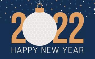2022 feliz ano novo. cartão de felicitações de esportes com bola de golfe no fundo azul da estrela do céu. ilustração vetorial. vetor